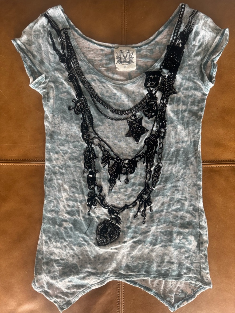 Miss Me Light Gray Blue Washed Tee with Black Necklace Graphic